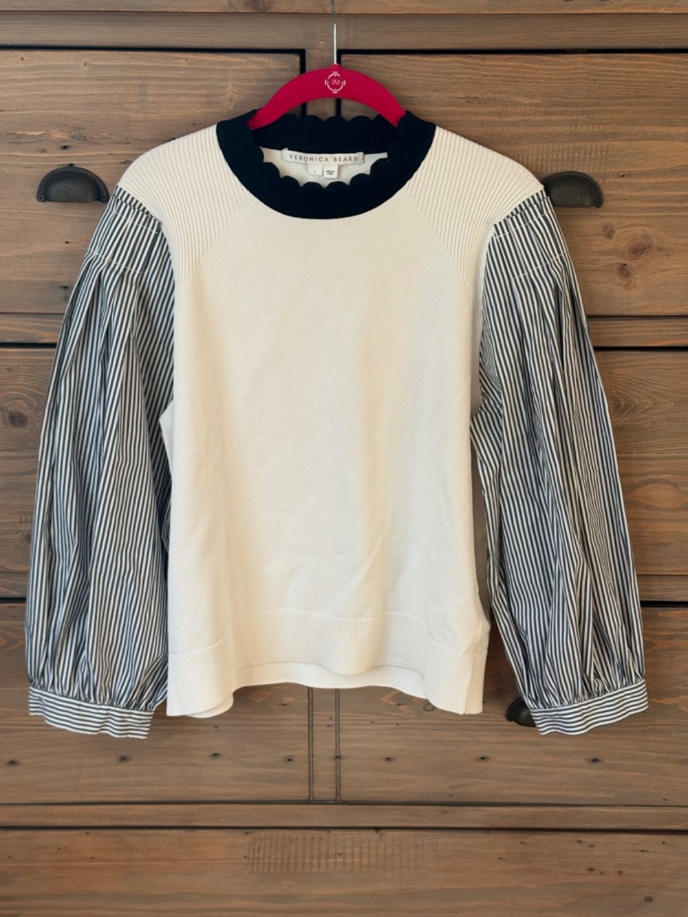 EUC Veronica Beard Cream Sweater with Black Trim and Striped Puff Sleeves sz L